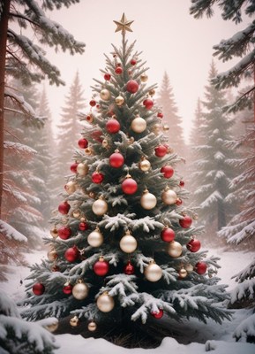 Beautifully decorated snowy christmas tree in a forest