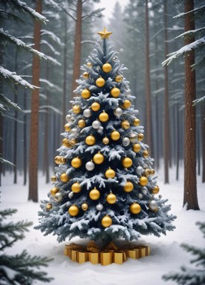 Festively decorated christmas tree in a snowy forest