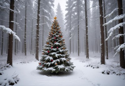 Snow-covered christmas tree in a serene winter forest