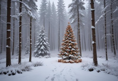 Winter forest with a decorated christmas tree