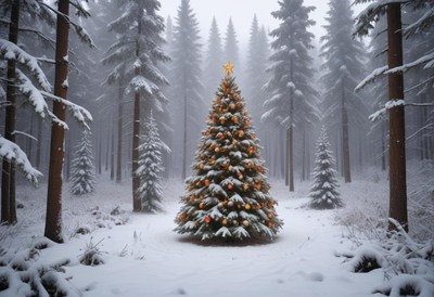 Snow-covered christmas tree in a serene forest setting