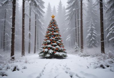 Christmas tree adorned with ornaments in snowy forest