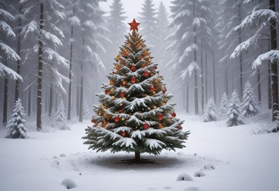 Christmas tree surrounded by snowy forest landscape