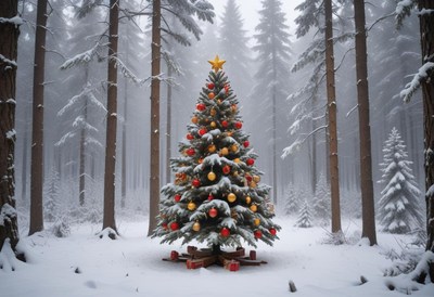 Snowy forest with a beautifully decorated christmas tree