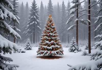 Snowy forest with a decorated christmas tree