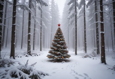 Peaceful winter forest with a decorated christmas tree