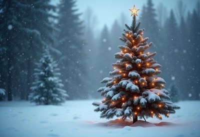 Beautifully decorated christmas tree in snowy landscape