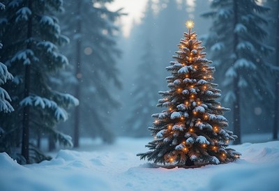 Snowy winter landscape with decorated christmas tree