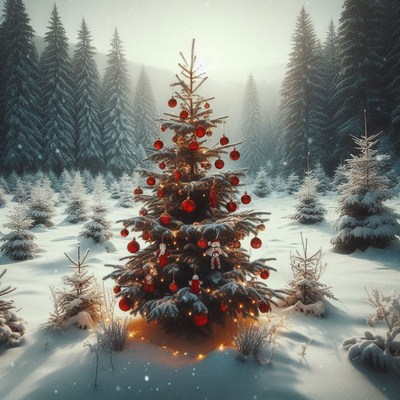 Christmas tree sparkling in a snowy forest