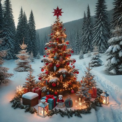 Festive christmas tree surrounded by snow-covered landscape