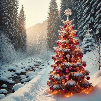 Snowy riverbank setting with a decorated christmas tree