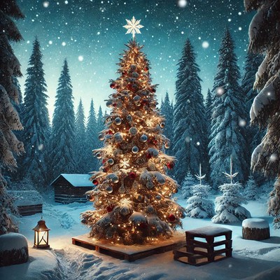 Beautiful snow-covered christmas tree in forest at night