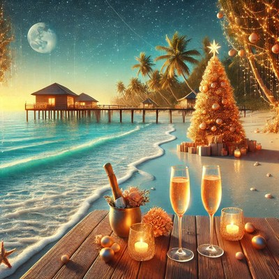 Festive beach celebration at sunset with holiday decor
