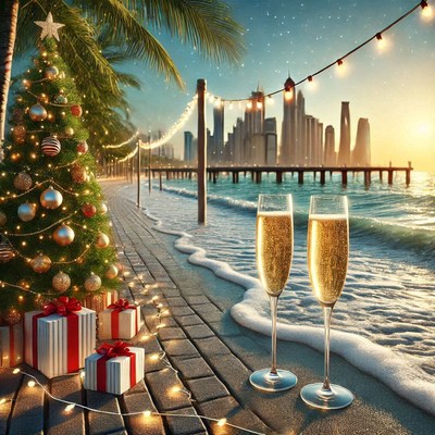 Beach celebration with decor and skyline views