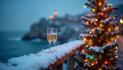 Festive celebration by the snowy coastline at dusk