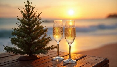 Celebrating sunset with sparkling drinks near the beach