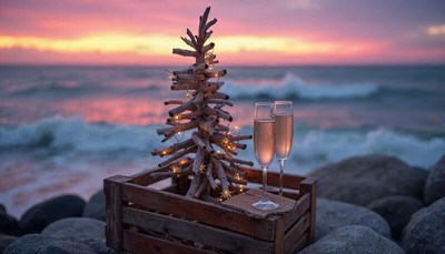 Unique beach holiday decoration at sunset with champagne