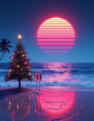 Festive sunset by the beach with decorated christmas tree