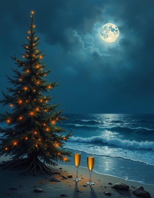 Christmas tree by the beach under a full moon