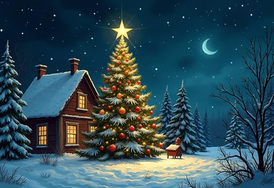 Holiday night with a decorated christmas tree outside