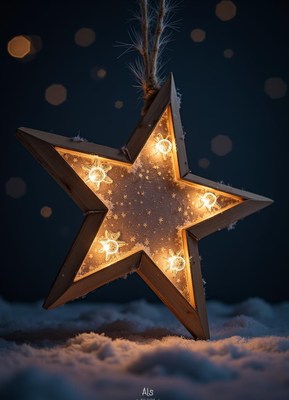 Star decoration with warm lights in snowy setting