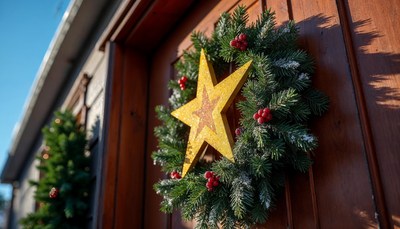 Festive wreath with golden star on wooden door