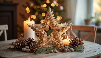 Rustic holiday centerpiece with star decoration and candles
