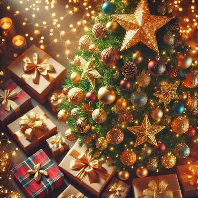 Christmas tree adorned with golden decorations and gifts