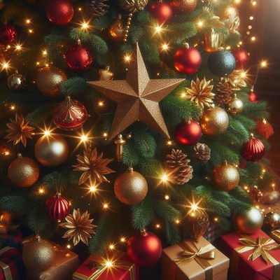 Decorative christmas tree with ornaments and gifts