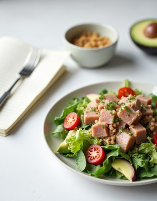 Fresh salad with tuna, greens, and cherry tomatoes