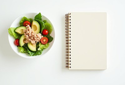 Healthy salad with notebook on a clean white surface