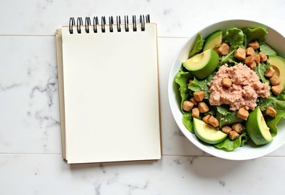 Delicious salad with avocado and tuna on a marble table