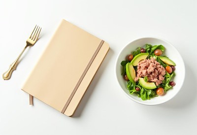 Healthy salad with tuna and fresh greens on a table