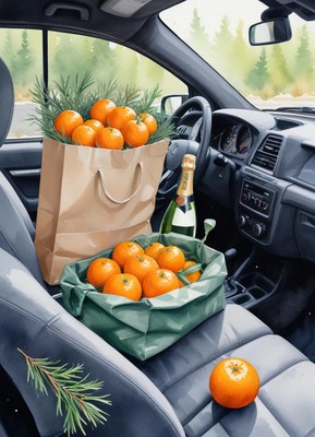 Fresh oranges and champagne in a car on a winter day