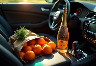 Refreshing drive with sparkling beverage and oranges