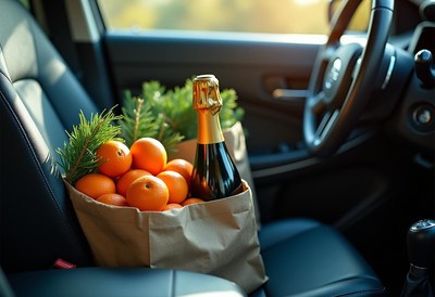 Fresh oranges and champagne in a car interior