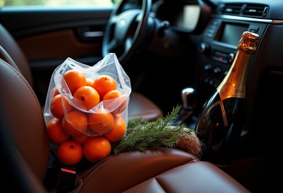 Celebration preparation with oranges and champagne in car