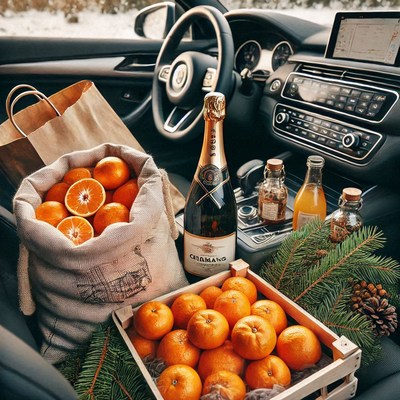 Fresh oranges and champagne inside a winter car