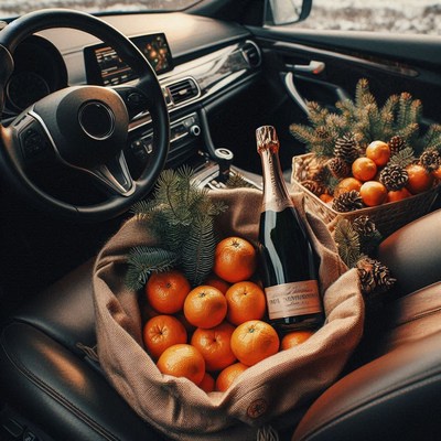 Fruit and champagne in a car on a winter day