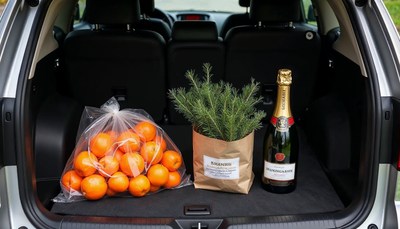 Fruits and festive decorations in a car trunk