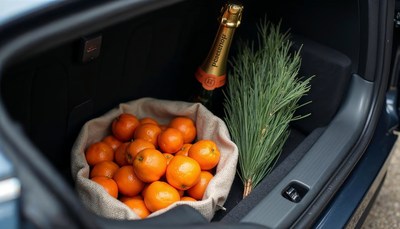 Fresh oranges and champagne in a car trunk during winter