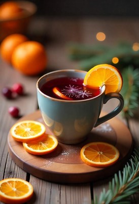 Warm cup of spiced drink with citrus and berries