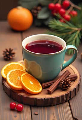 Warm drink with spices and orange slices in cozy setting
