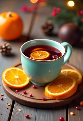 Cozy cup of spiced tea with fresh orange slices displayed