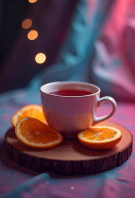 Warm tea and vibrant oranges on wooden surface