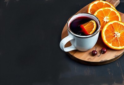 Enjoying warm beverage with orange slices on wooden board