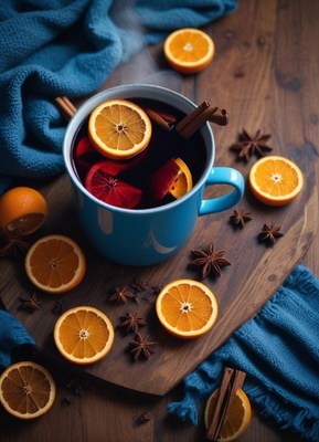 Warm drink with spices and citrus on wooden table