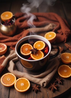 Warm spiced drink with orange slices and star anise on wood