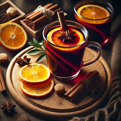 Warm spiced drink with oranges and cinnamon spice display