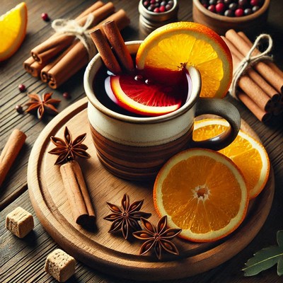 Warm beverage with spices and citrus on wooden table